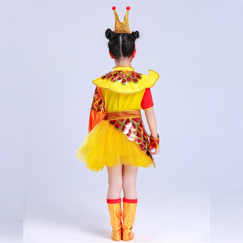 Girls's Chinese folk dance dresses ancient traditional dragon boat gold colored Chinese style stage performance drama cosplay costumes dress
